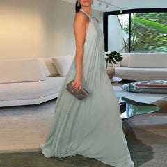 LIZAKOSHT - Chiffon Big Hem Party Dress Women Elegant Hollow Backless Full Length Maxi Dress Chic Draped Solid New Evening Dress Luxury