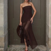 LIZAKOSHT - Solid Strapless Mesh Patchwork Hem Semi-sheer Fashion Vintage Brown Backless Sleeveless Bodycon Pleated Maxi Dress Clubwear