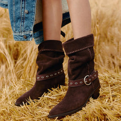 LIZAKOSHT - Big Size 42 Vintage Maillard Style Brown Cowboy Boots Women Buckle Belt Retro Black Mid-calf Boots Shoes Winter Western Booties