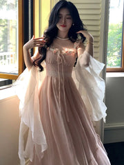 LIZAKOSHT - Sling Dress Lace Flowers Lace Chiffon Rose Powder Temperament Sweet Beauty Romantic Fairy Long Skirt Large Size 2024 Summer