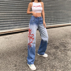 LIZAKOSHT - Women jeans Mom Jeans Women Vintage Print Wide Leg Denim Trousers 90s Aesthetic Korean Waist Cargo Pants ripped jeans for women