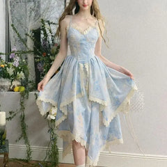 LIZAKOSHT - Strap Dress Irregular Floral Blue French Waist Plus Size 2024 Summer New Gentle New Sweet Holiday Dress