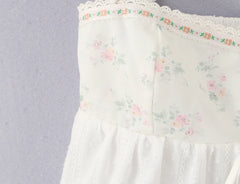 LIZAKOSHT - Sexy White Spliced Floral Print Elastic Strap Tank Top Women Hook Buttons Lacing Up Bow Front Elastic Back Crop Vest Beach