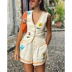 LIZAKOSHT - New Chic Sleeveless Printed Vest Casual Loose Holiday Two-piece Set for Women