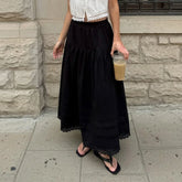 LIZAKOSHT - White High Waist Lace Long Skirt Female Pleated Casual Basic Summer Solid Loose Elegant Maix Skirt Women's Clothes Femme