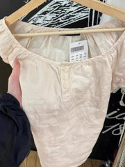 LIZAKOSHT - Women Sweet Pink Linen Lace-up Slim T Shirt Summer Buttons O-neck Puff Sleeve Blouse Vintage Preppy Solid Cute Tees Y2k