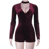 LIZAKOSHT - Sexy Wine Red Velvet Low-cut Neck Long Sleeve Skinny Zipper Package Hip Playsuit Fashion Club Street Outfit Jumpsuit Shorts