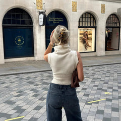 LIZAKOSHT - White Turtleneck Knitted Top Sleeveless Vest Sweater Women Elegant Bodycon Tops Vests Sweaters Blue Pullovers Hipster Street New