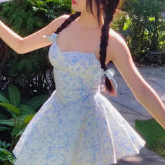 LIZAKOSHT - Women Ruched Hem Backless Party Skater Short Sling Robe Sexy Blue Flower Print Bra Corset style Spaghetti Strap Mini Dress