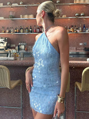 LIZAKOSHT - Retro Sequin Backless Halter Mini Dress Women Sexy Sleeveless Glitter Slim Fit Blue Short Dresses Lady Summer Chic Party Holiday