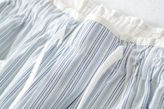 LIZAKOSHT - Summer White Blue Vertical Strips COTTON Wide leg Pants Women Rope Drawstring Elastic Waist Loose Casual Floor Length Trousers