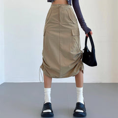 LIZAKOSHT - Y2K Safari Back Slit Pockets Cargo Skirt American Retro Women Ruched Side Drawstring Rope Midi Long Skirts