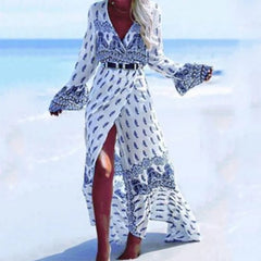 LIZAKOSHT - Autumn and Winter Long-sleeved New V-neck Bohemian Split Long Skirt Leisure Vacation Beach Cover Style Dress Female Skirt