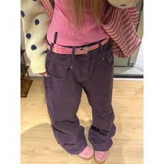 LIZAKOSHT - Autumn Winter Women's Purple High-Waisted Wide-Leg Jeans, Casual Loose-Fit Straight-Leg Denim Pants with Belt, Trendy Streetwear