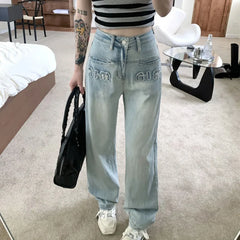 LIZAKOSHT - Fashion Brand Jeans Embroidery Letter Design Pants Y2k High Street Women Pants High Waist Wide Leg Loose Trousers Streetwear