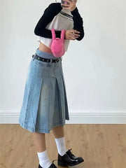 LIZAKOSHT - Denim Pleated Skirt High Waist Y2k Streetwear Women Vintage A-Line Distressed Knee-Lenght Jeans Skirt Japanese Fashion Versatile
