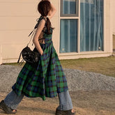 LIZAKOSHT  -  Sexy Sleeveless Backless Strap Dresses for Women Robe Vintage Green Plaid Long Dress Summer Boho Beach Wear Vestidos