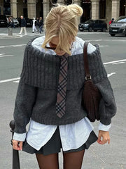 LIZAKOSHT - Solid Slash Neck Knit Pullover For Women Fashion Off Shoulder Long Sleeve Sweater Autumn Casual Loose Female Street Jumpers