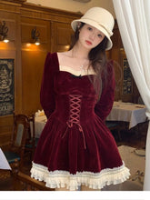 LIZAKOSHT - French Princess Velvet Dresses for Women Long Sleeves Patchwork Lace-up Ruffles A-line Birthday Party Dress Autumn New Vestidos