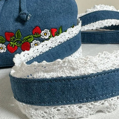 LIZAKOSHT - Denim Strawberry Flower Lace Backpack Casual Schoolbag Handbag Student Leisure Travel Commuter Backpack