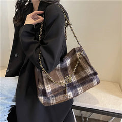 LIZAKOSHT 2024 Spring Fashion Woolen Plaid Large Capacity Tote Bag Korean Vintage Y2k High Street Trendy Women Shoulder Bag Designer Bag