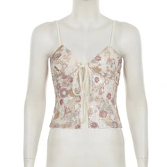 LIZAKOSHT - Women Sexy Sequins Flowers Embroidery Camis Crop Tops Lace Up V Neck Spaghetti Straps Backless Club Party Holiday Vests Camisole