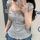 LIZAKOSHT - Women Y2k Fairy Coquette Shirt Cute Puff Short Sleeve Button Down Frill Trim Smocked Tops Aesthetic Grunge Streetwear