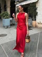 LIZAKOSHT - Summer New Women Sleeveless Dress Fashion Temperament Sexy Silk Satin Texture Solid Color Midi Long Dress Women Elegant