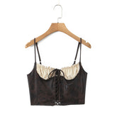 LIZAKOSHT - Sexy Brown Patchwork Wood ears Bra Corset Camis Women Cross Lacing up Bandage Bow Front Crop Top Camisoles Bra Tank Vest