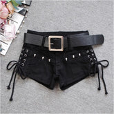 LIZAKOSHT - Y2k Vintage Low-waist Black Denim Shorts Summer Rivet Lace Up Shorts for Women 2025 New Slim Fit Bodycon Hot Short Pants