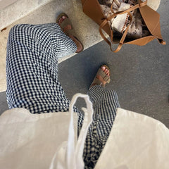 LIZAKOSHT - Plaid Long Pants Women Y2k Wide Leg Drawstring Striped Lounge Pants Gingham Plaid High Waist Pajama Trousers