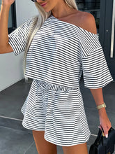 LIZAKOSHT - New Half Sleeve Loungewear Matching Sets Women Summer Skew Collar Elastic Waist Shorts Two Pieces Outfit Streetwear Dropshipping