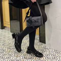 LIZAKOSHT Spring New High Heels French Vintage One Rose Square Headed Thick Heel Small Leather Shoes Mary Jane Women's Shoes