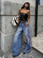 LIZAKOSHT - American Vintage Fashion Hot Girl Chic Jeans Women Loose Printed Straight Leg Denim Pants Slim Streetwear Trendy Long Trousers