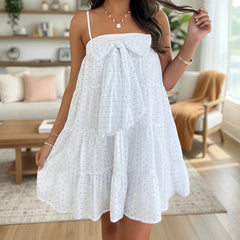 LIZAKOSHT - Women Mini Cami Dress Polka Dot Print Decorative Bow Square Neck Spaghetti Strap Dress Summer Pregnant A-line Dress