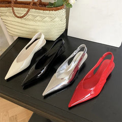 LIZAKOSHT - Street Style Fashion Patent Leather Pointed Toe Pumps Women Elegant Low Wedges Heels Sandals Casual Dress Shoes