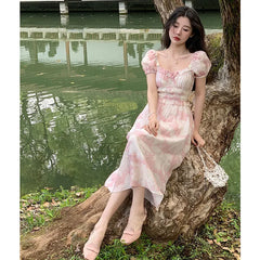 LIZAKOSHT  -  Vintage Floral Evening Party Midi Dresses Women Summer Elegant Square Collar Fairy Dress Korean Sweet Princess Pink Dress
