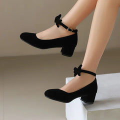 LIZAKOSHT - spring autumn women pumps plus size 22-26.5cm flock ankle buckle Mary Jane shoes butterfly knot thick heel women shoes