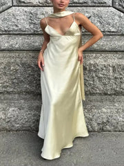 LIZAKOSHT  -  Satin Sexy Suspenders Long Dress Women 2025 New Summer Elegant Sleeveless Backless V Neck Dresses Chic Beach Party Evening Dress