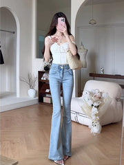 LIZAKOSHT  -  Bow Flare Jeans Women Blue Slim Fit Streetwear Vintage 90s Y2k Streetwear High Waist Straight Denim Trouser Korean Tight Pants