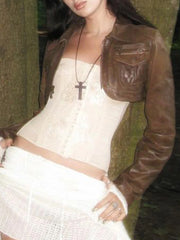 LIZAKOSHT  -  Vintage Lapel Neck Zpper Jackets Women Chic Short PU Leather Coat Fashion Korean All Match Long Sleeve Tops Y2k Clothes