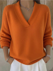 LIZAKOSHT - Deep V Neck Knit Sweater Women Long Sleeve Cuff Hem Ribbed Fuzzy Solid Casual Pullover Jumper Autumn Fashion Casual Tops
