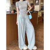 LIZAKOSHT - Trousers Blue Stripe Colorful Shell Buckle Wide Leg Pants High Waist For Women New Korean Fashion Summer Loose Lazy Style Causal