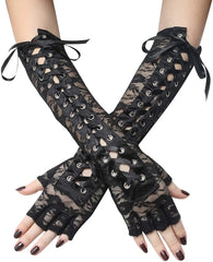 LIZAKOSHT - Women Sexy Lace Fingerless Long Gloves Lolita Gothic Black Arm Warmers Mesh Lace Up Elbow Arm Sleeve Cosplay Mittens Accessories
