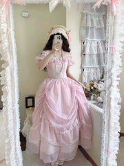 LIZAKOSHT - Gentle Pink Puff Sleeve Op Dress Floral Wedding Lolita Waist Slimming Bow Tail