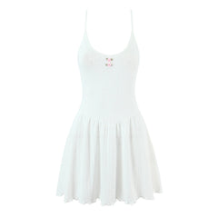 LIZAKOSHT - Sexy White Rib Knitted Cotton Low Waist Sling Dress Women Bow V neck Ruched A-lined Swing Short Dresses Summer Vestidos Robe