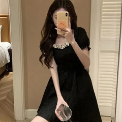 LIZAKOSHT  -  French Bubble Sleeved A-line Skirt For Womens Clothing 2024 Summer New Bow Short Sleeved Dress Female Square Neck Dresses
