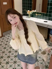LIZAKOSHT - Autumn Mushroom Edge Square Neck Chiffon Long Sleeve Blouse for Women Autumn New Fashionable Unique Puff Sleeve Short Top