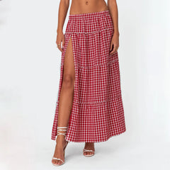 LIZAKOSHT - Vintage Plaid Maxi Skirts for Women Y2K Elastic Waist Side Slit Tiered Skirt Summer Flowy Gingham A Line Long Skirt