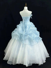 LIZAKOSHT - Light Blue Strapless Ball Gown Satin Bow Decor Ruffled Organza Tiered Tulle Skirt Princess Formal Wedding Party Dress